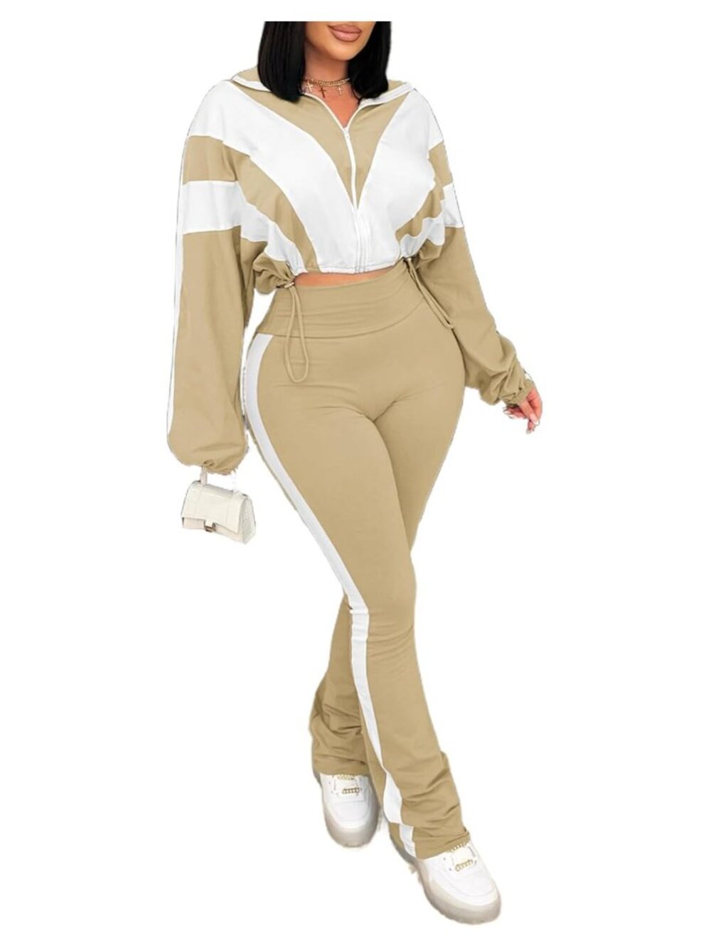 Women's 2 Piece Sweatsuit Zip Crop Jacket Bodycon Flare Pants Set